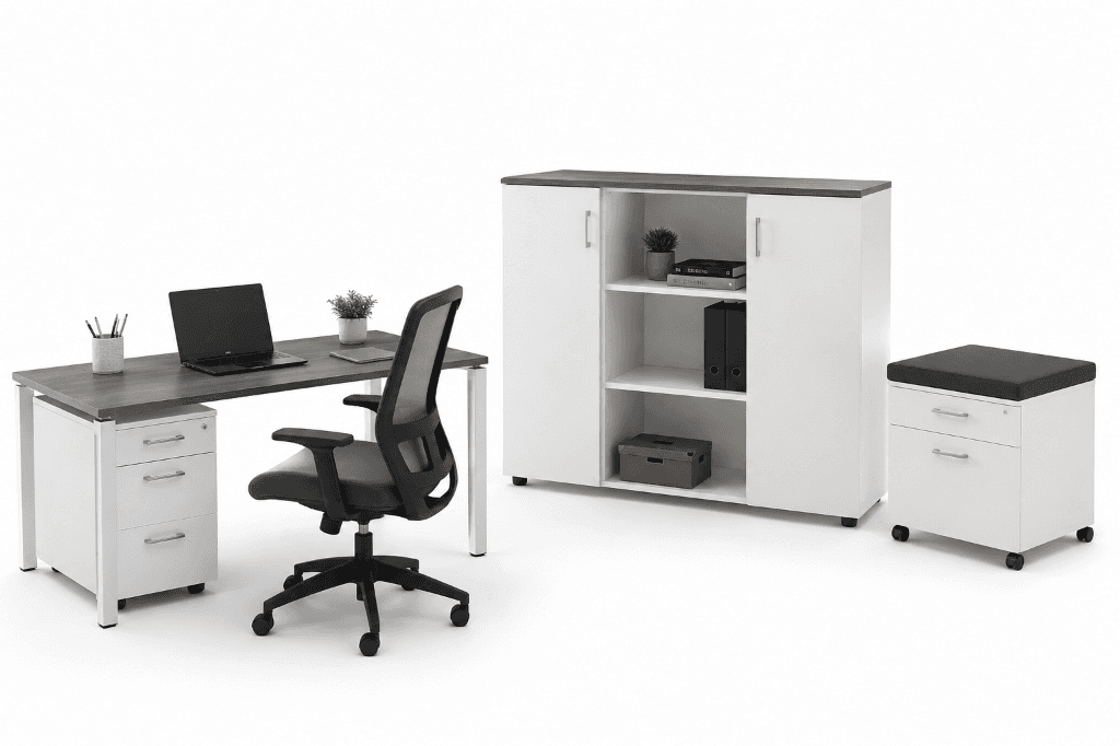 Premium minimalist office desk, chair, and storage setup